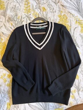 Lauren Ralph Lauren Black V-Neck Sweater with White Trim and lace inset.